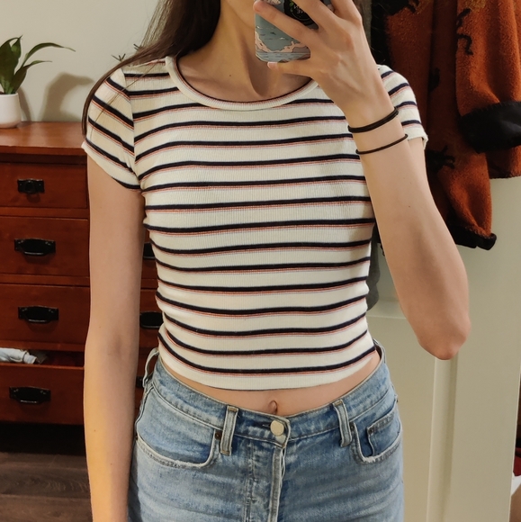 Soft ribbed stripe baby tee full length, stretchy comfy - Picture 2 of 7